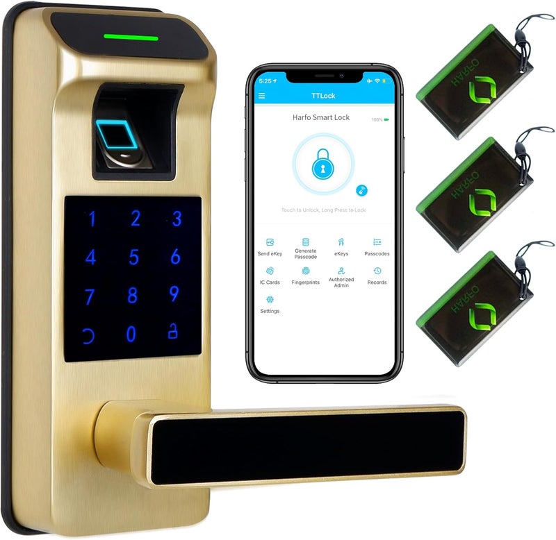 HARFO Fingerprint Door Lock, Heavy Duty Full APP Control Touchscreen Keypad Keyless Lock with Reversible Handle, Perfect for Home/Office/Bedroom Doors (Gold) - Image 1